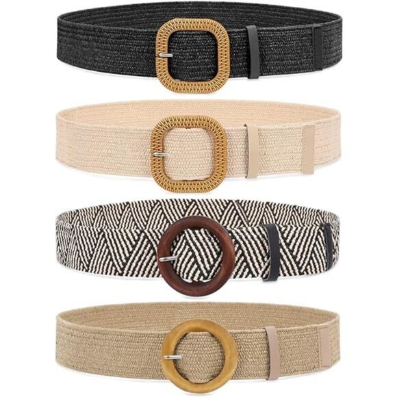 Set of 4 Straw Woven Elastic Stretch Waist Belts for Women